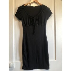 Black Ribbed Milkmaid Bodycon Mini Dress Short Sleeve Tie Front Scoop Neck S